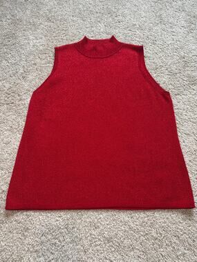 Versatile Red Metallic Silk Blend Mock Neck Sleeveless Top 2X Holiday Party